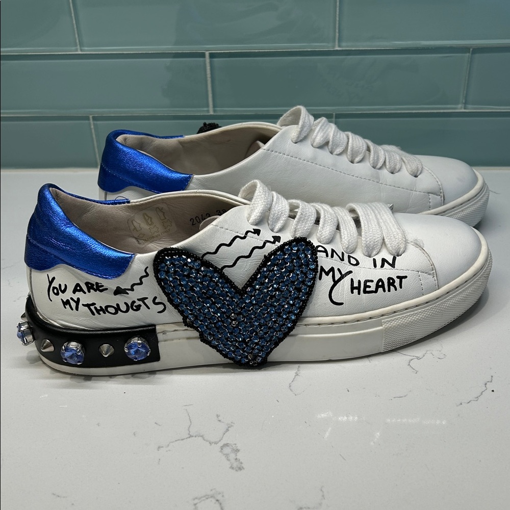 Guja Size 38/7.  White and Blue Leather Sneakers made in Italy.